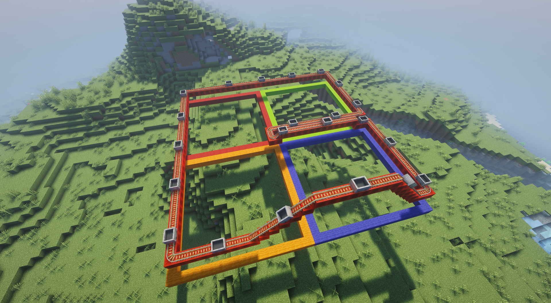 4 Chunk wide, curving Minecart track with Minecarts equally spaced.