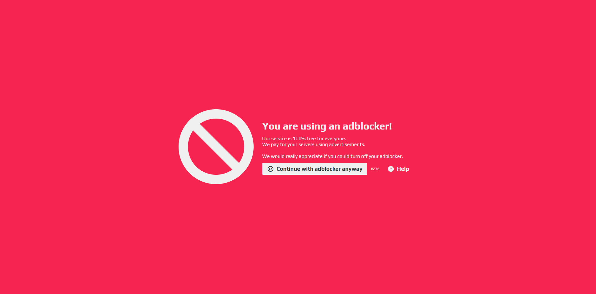 A red page asking if you want to continue with adblocker.